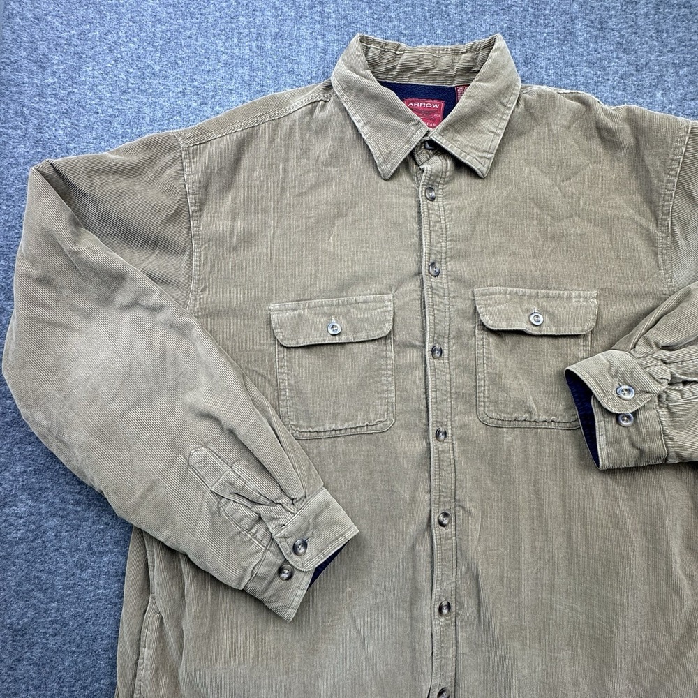 Arrow Corduroy Shirt Jacket Men's XLT Fleece Lined Shacket Brown Navy VTG Button